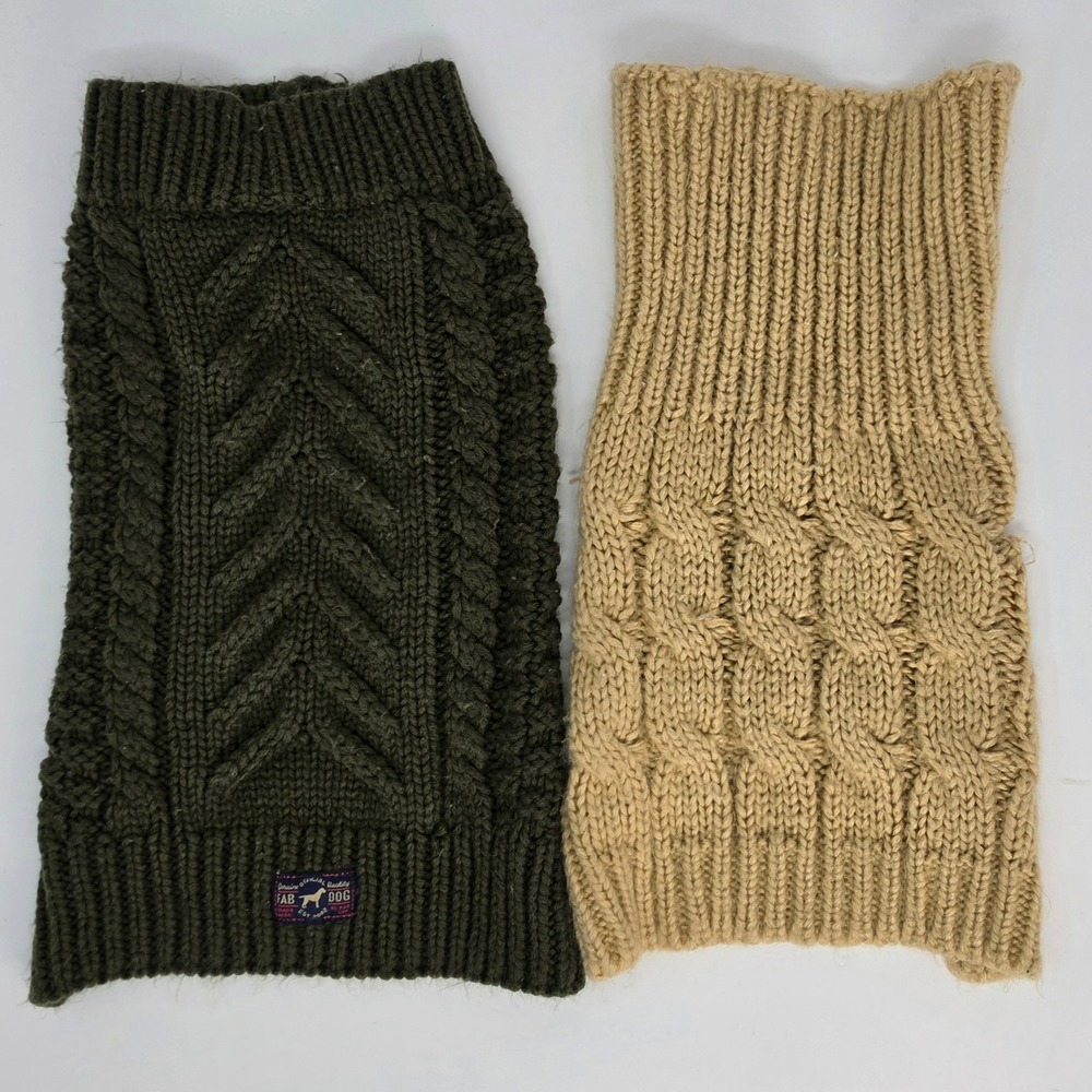 Dog Cable Knit Sweaters Lot 2pc 13-14 inches Green Tan Fab Dog Warm Pet Apparel